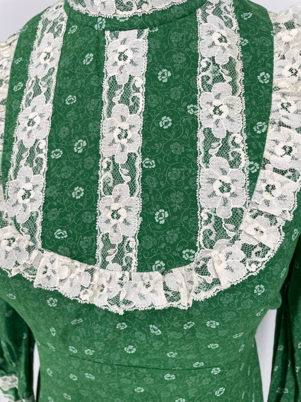 1970s Green High Neck Voluminous Long Sleeve Handmade Prairie Dress Lace Accents - Picture 12 of 15